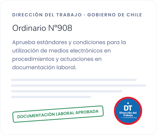 Ordinario N°908 · Aprueba estándares y condiciones para la utilización de medios electrónicos en procedimientos y actuaciones en documentación laboral. Ordinario N°908 · Aprueba estándares y condiciones para la utilización de medios electrónicos en procedimientos y actuaciones en documentación laboral.