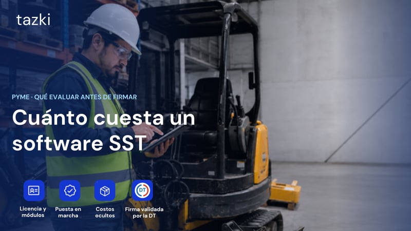 Portada: Cuánto cuesta un software SST. Trabajador con tablet en bodega