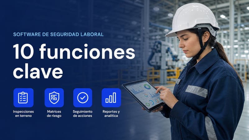 Profesional de prevención de riesgos revisando software de seguridad laboral, con iconos de inspecciones, matrices de riesgo, acciones y reportes